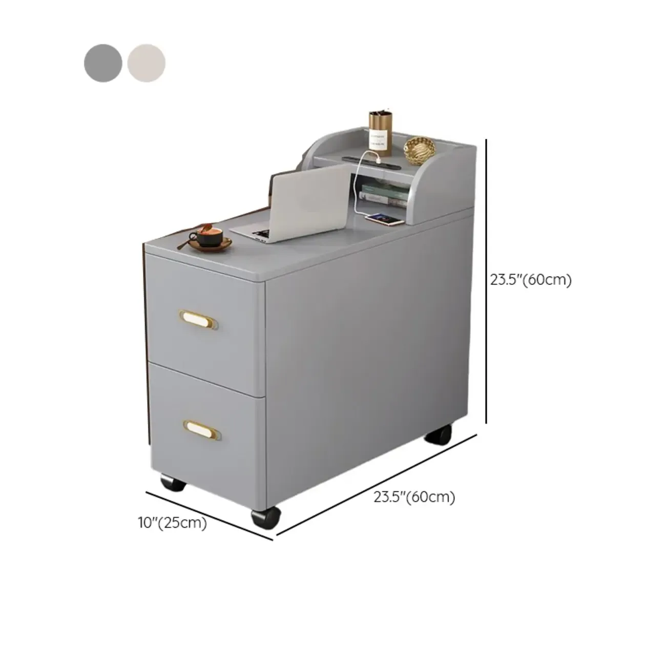 Narrow Rolling White 2-Drawer End Table with USB Charge