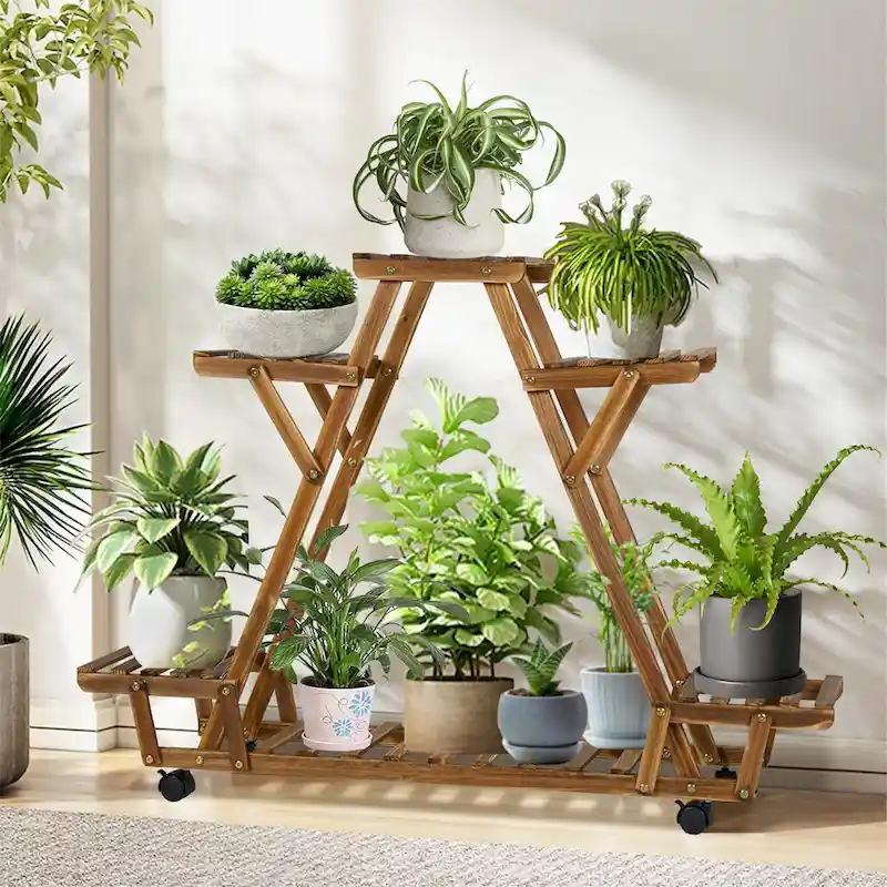 Movable Outdoor Ladder Plant Stand Garden Wood Rack with 6 Tiers