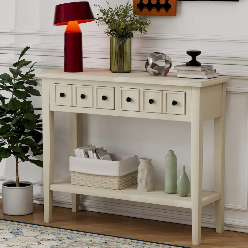 38.2-Inch Rustic Console Table with Open Shelf, 3 Drawers, and Rubber Wood Legs