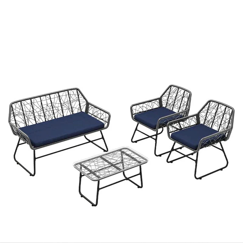 4-Piece Wicker Patio Set with Tempered Glass Table and Detachable Blue Cushions