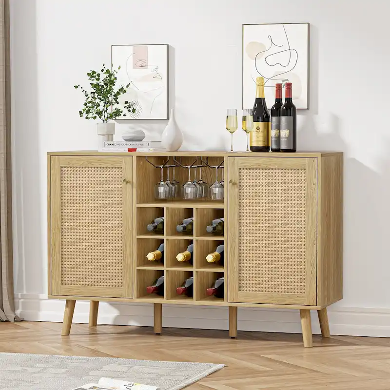 Natural Oak Rattan Buffet Sideboard with Wine Rack