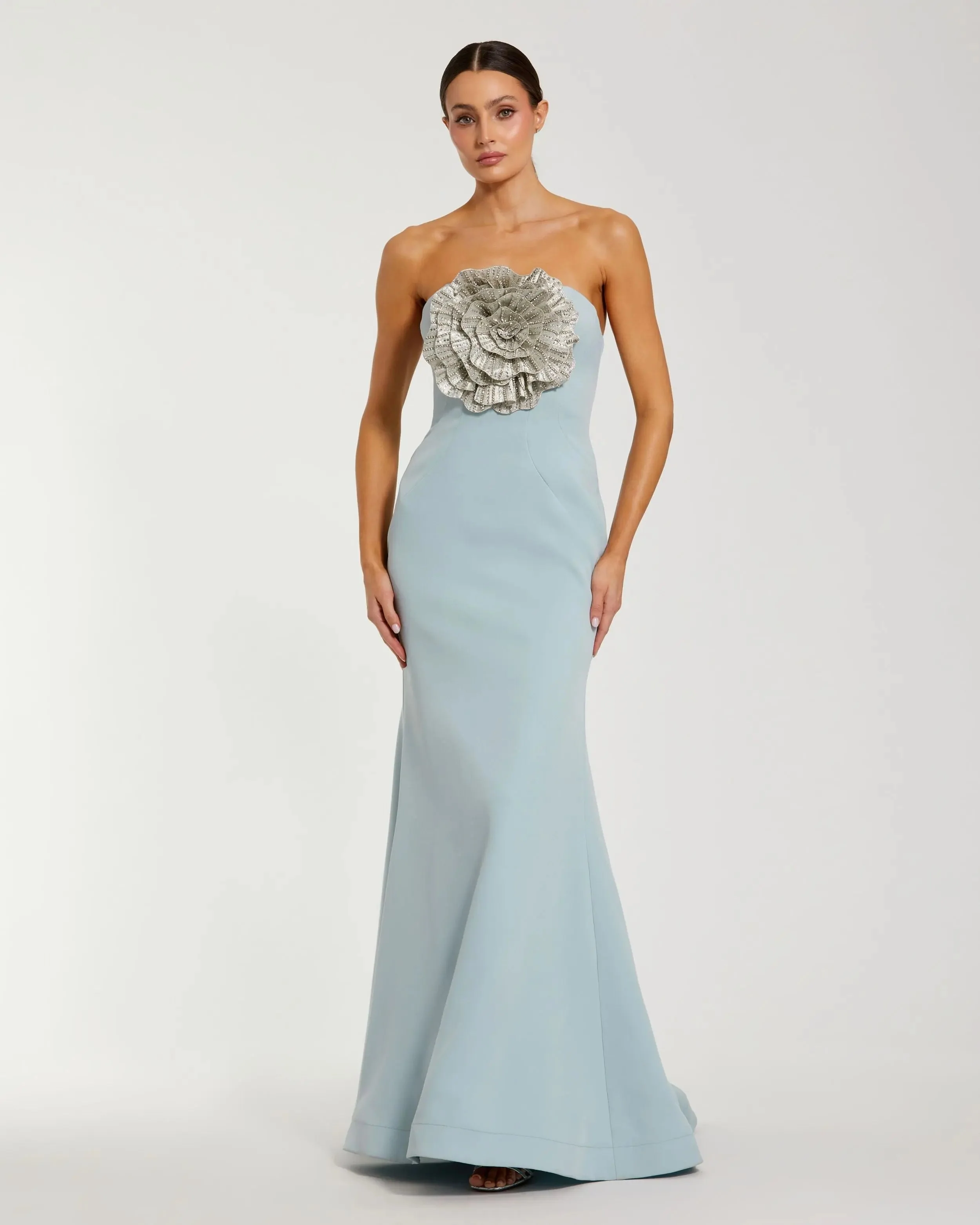 Strapless Crepe Trumpet Gown with 3D Rhinestone Flower