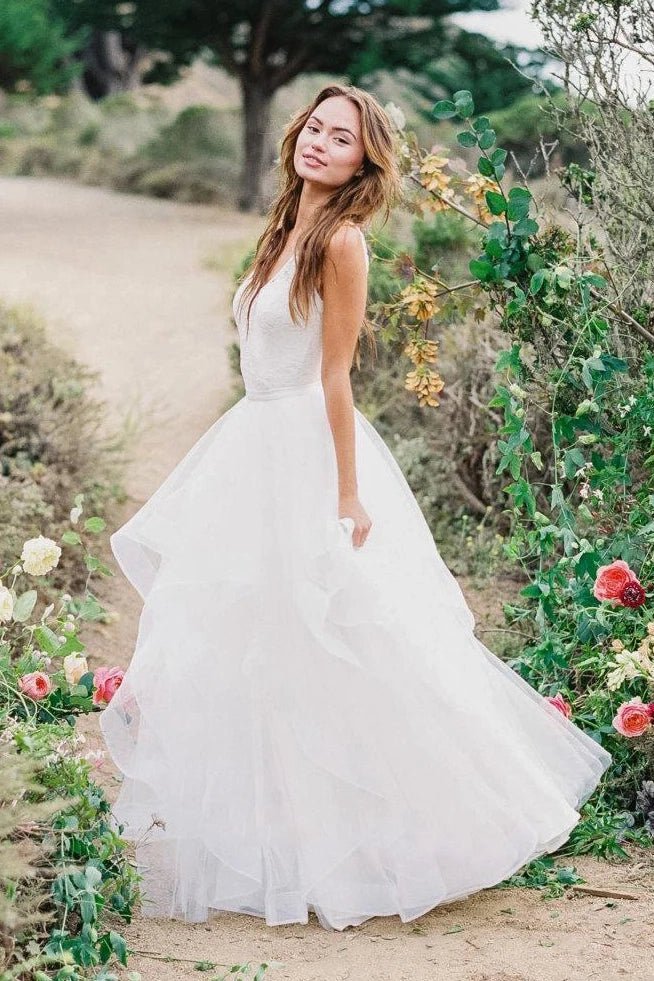 Multi Layered V-neck Tulle Wedding Dress With Ruffles