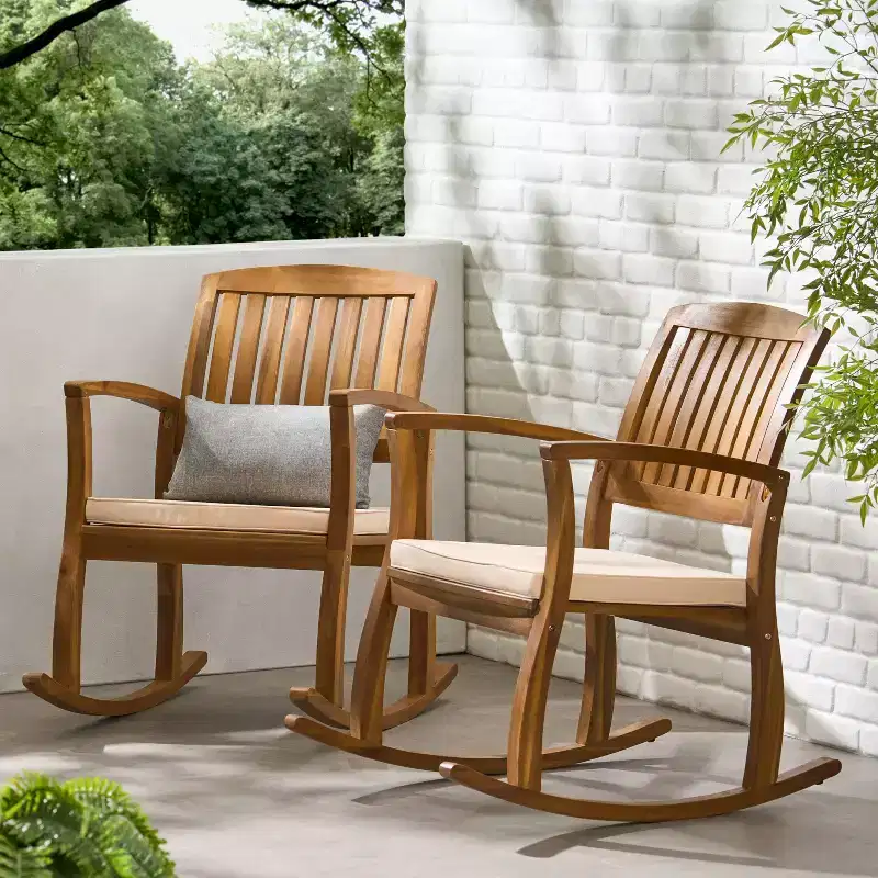 Selma 2pk Acacia Wood Rocking Chair - Teak/White - Christopher Knight Home: Weather-Resistant Patio Furniture