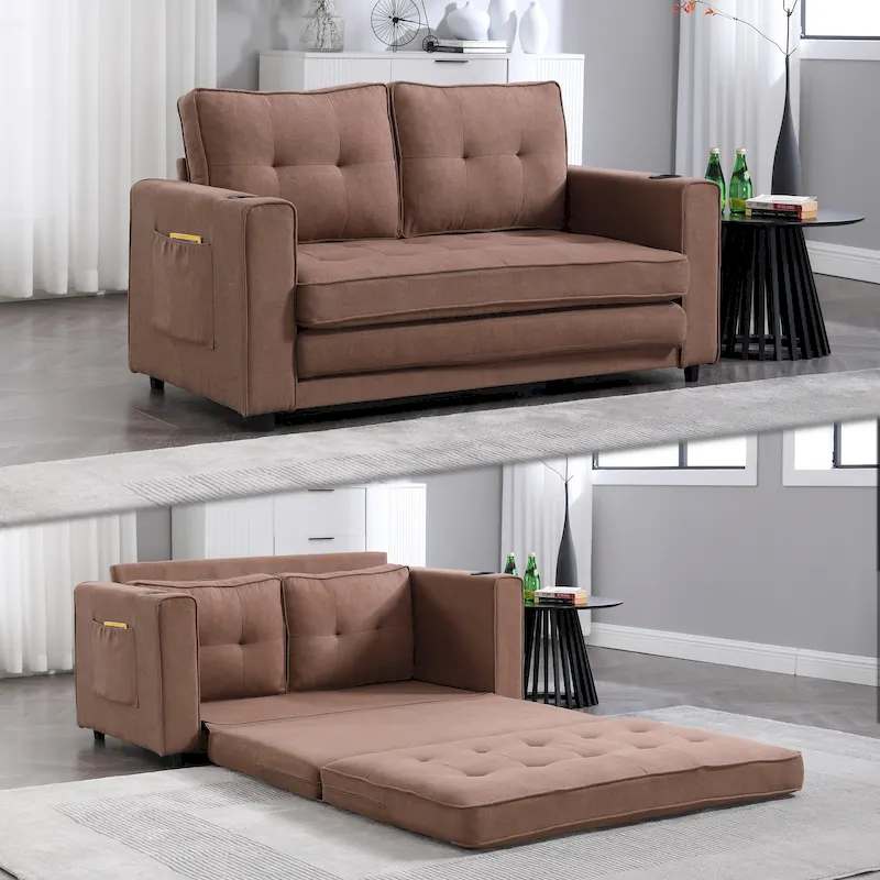 Foldable Tufted Loveseat with Pull Out Bed and Side Pockets