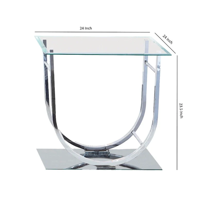 Tempered Glass Top End Table with U Shape Metal Frame, Chrome and Clear