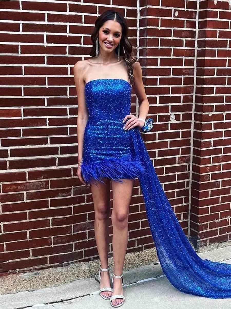 Royal Blue - Strapless Bodycon Sequins Homecoming Dresses With Feather