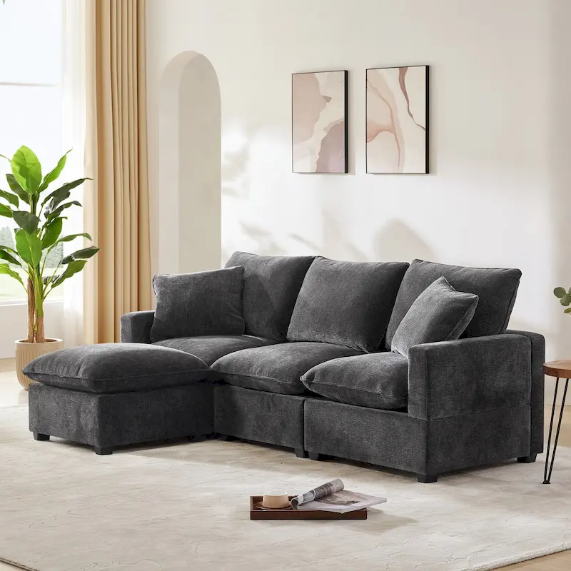 Black L-Shape Chenille Sectional Sofa, 4-Seat