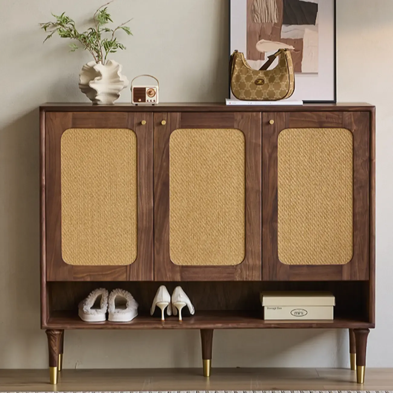 Bohemian Brown Solid Wood Entryway Shoe Cabinet