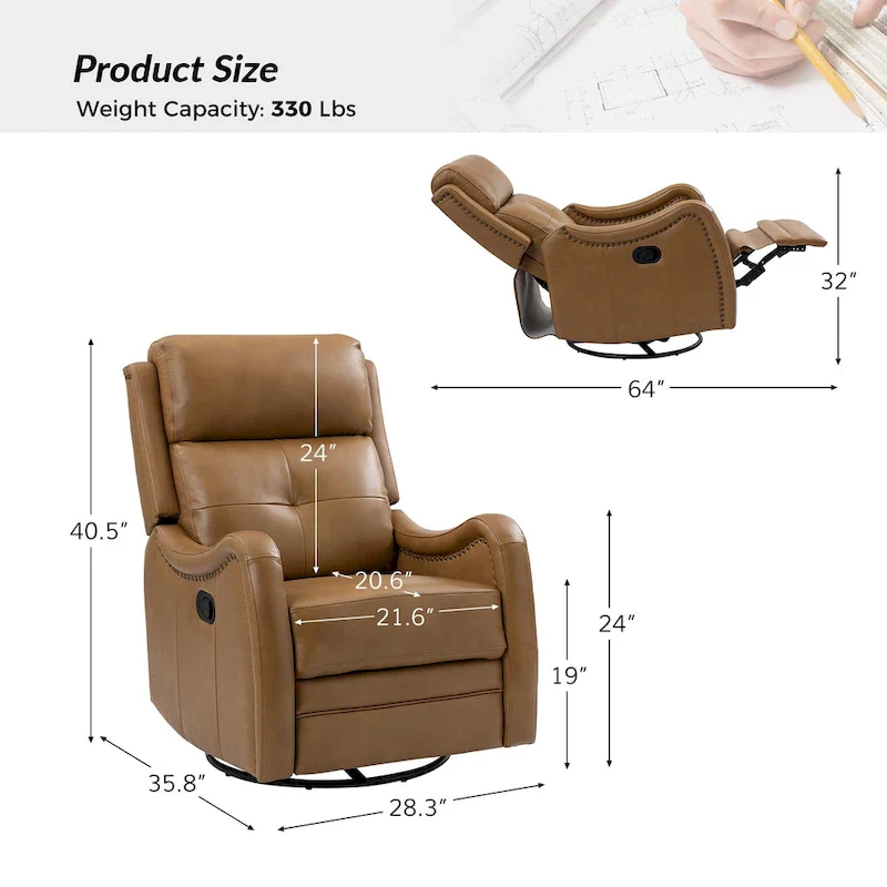 FrancoModern Genuine Leather Swivel Rocker Recliner with Nailhead Trims Sets of 2 by HULALA HOME