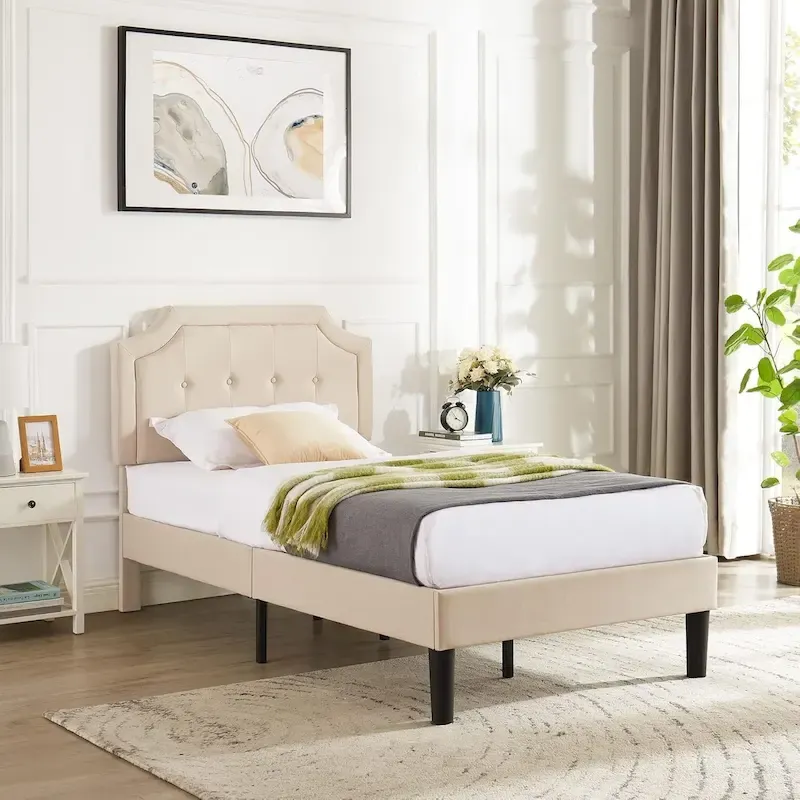 Javlergo Modern Upholstered Bed Frame with Height Adjustable Headboard, No Box Spring Needed