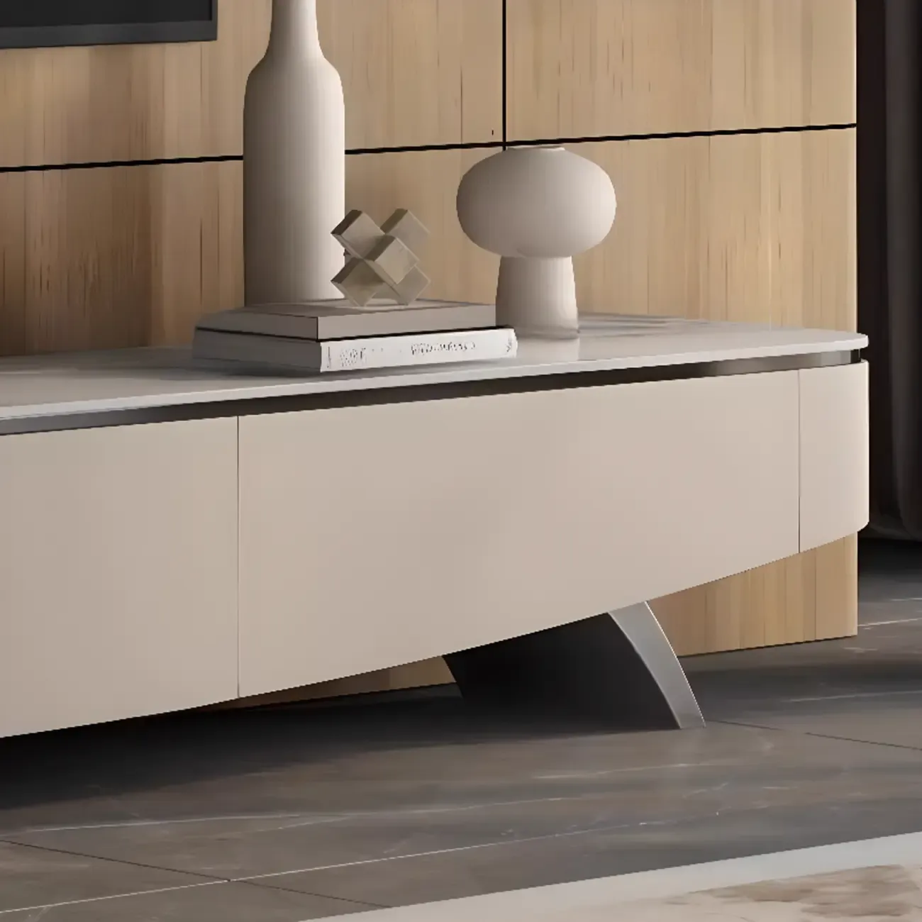87 Modern Stone Champagne Curved TV Stand with Drawers