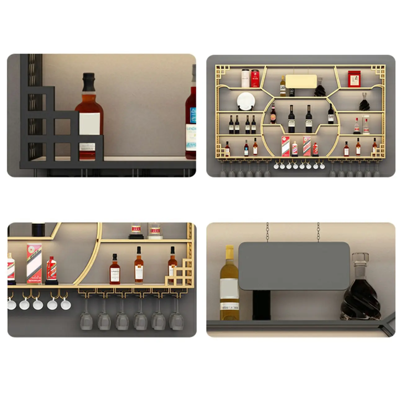 Multi-Shelf Gold Metal Wall-Mounted Wine & Glass Rack