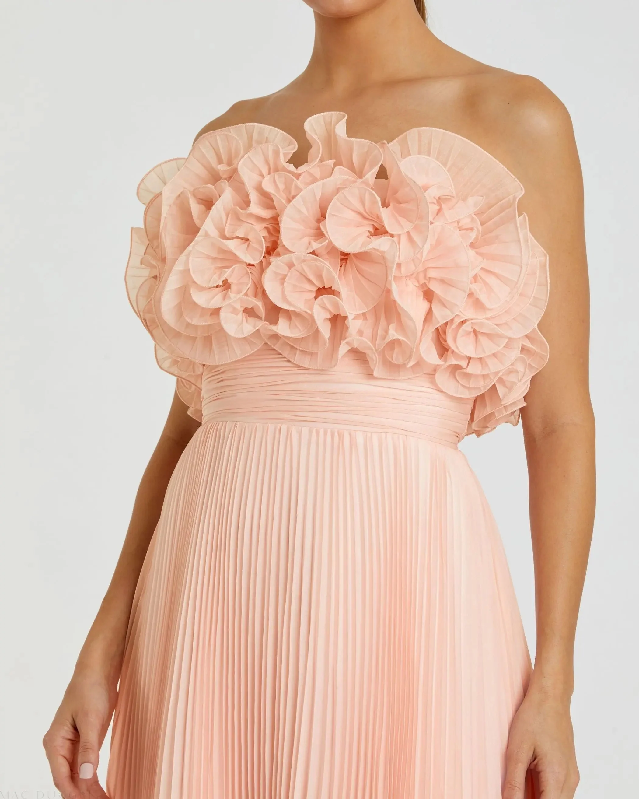 Pink Pleated Chiffon Strapless Gown With Ruffles