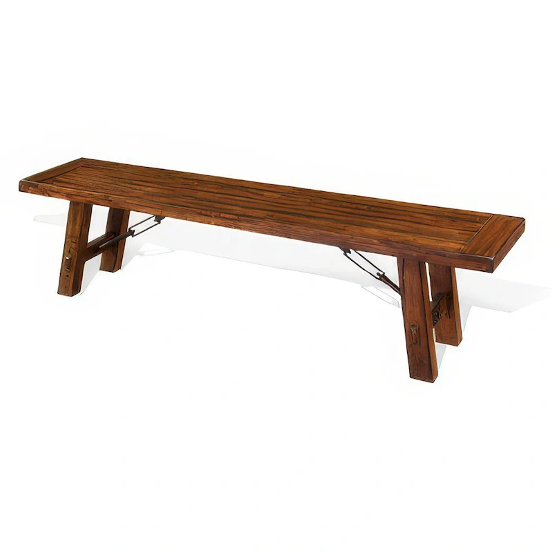 72-Inch Distressed Brown Dining Bench with Metal Stretcher