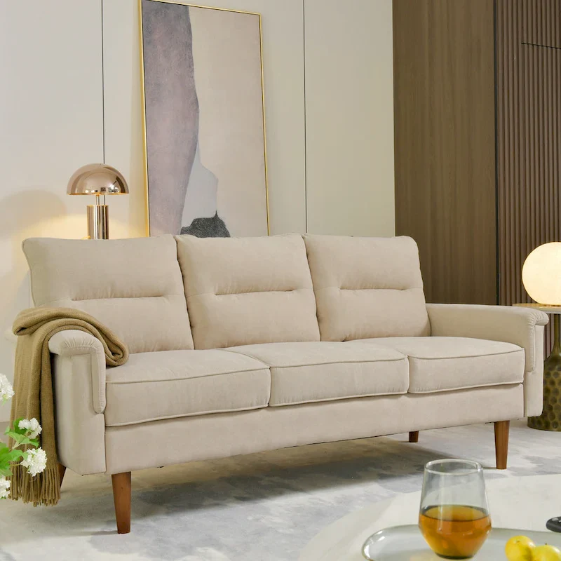 Brown Faux Leather 3-Seater Sofa with Wood Legs