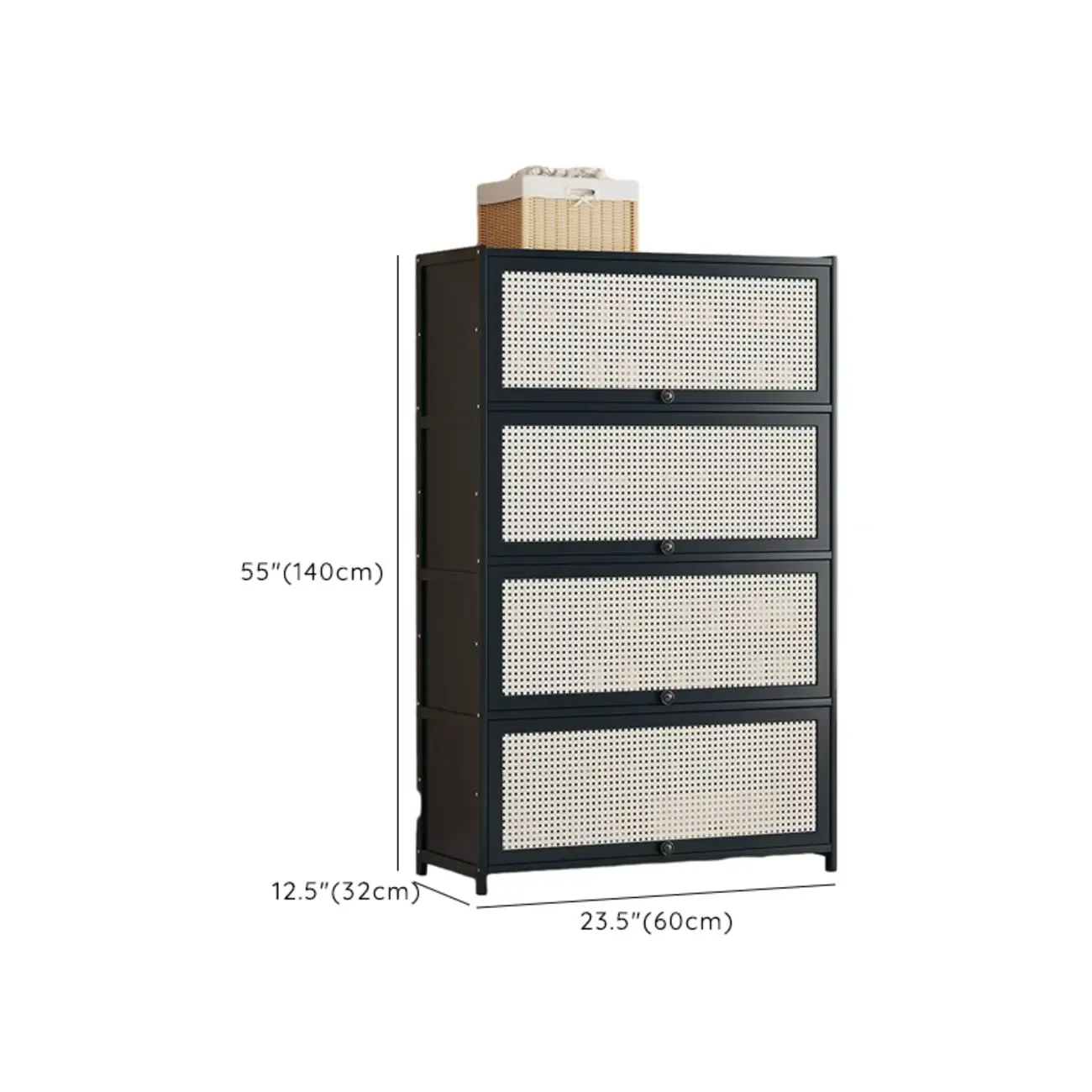 Modern Black Bamboo Shoe Cabinet with Rattan Panels