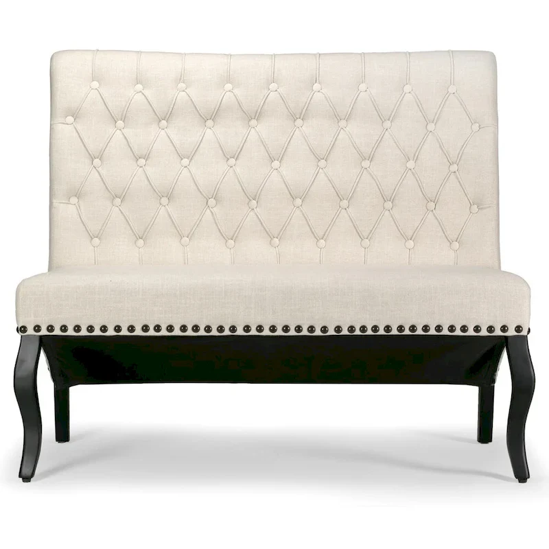 Alisa Beige Upholstered Settee Banquette Bench Loveseat Button Tufted