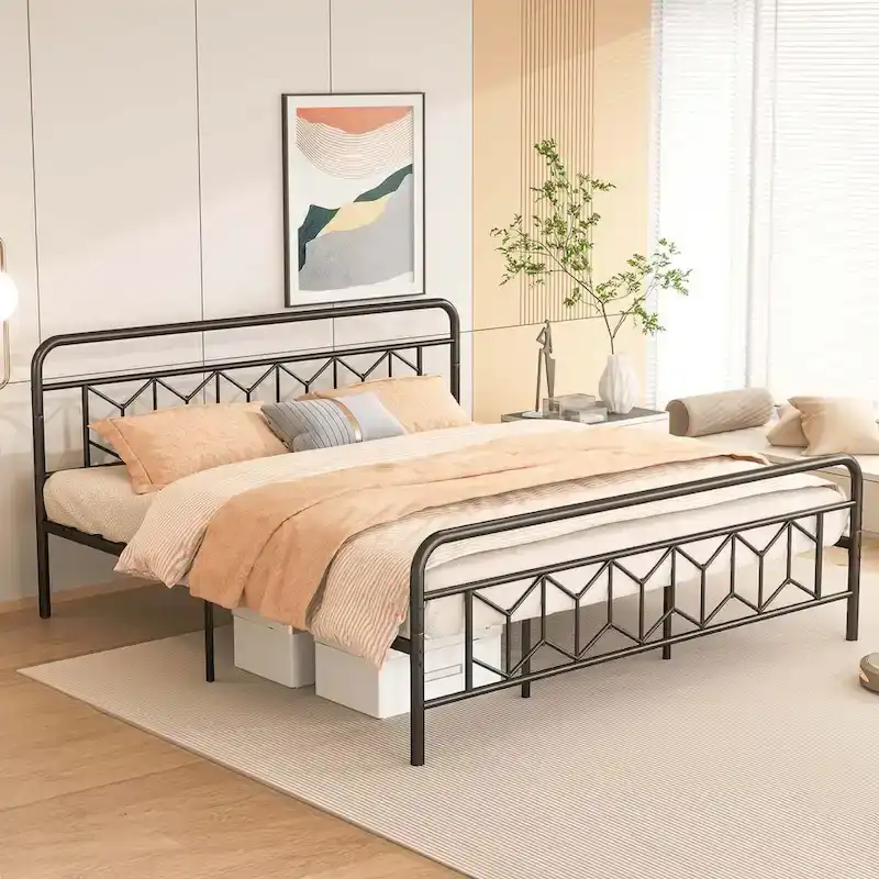 Metal Platform Bed Frame with Headboard and Under-Bed Storage