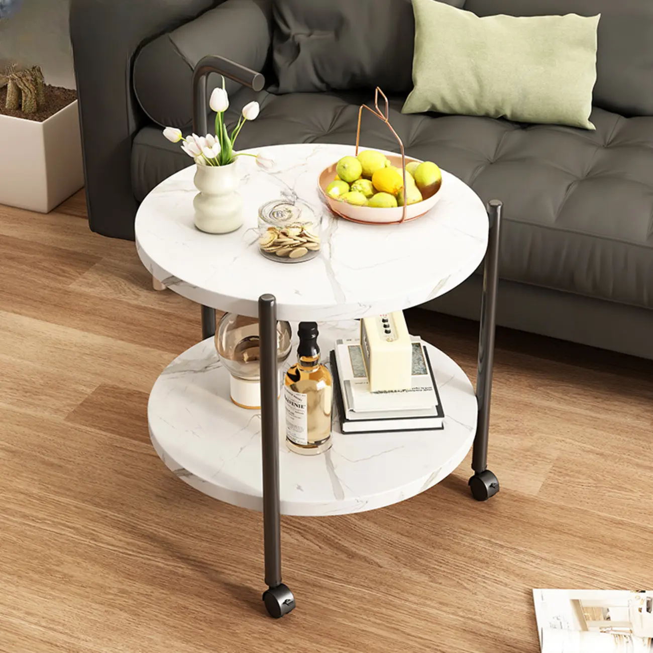 Modern 2-Tier Wood Round Coffee Table with Wheels, Tray