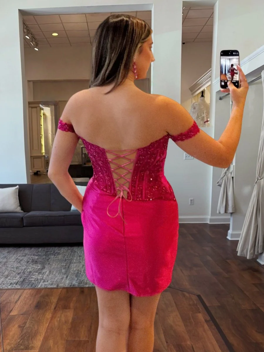 Fuchsia - Off The Shoulder Bodycon Satin Pleated Homecoming Dresses With Appliques