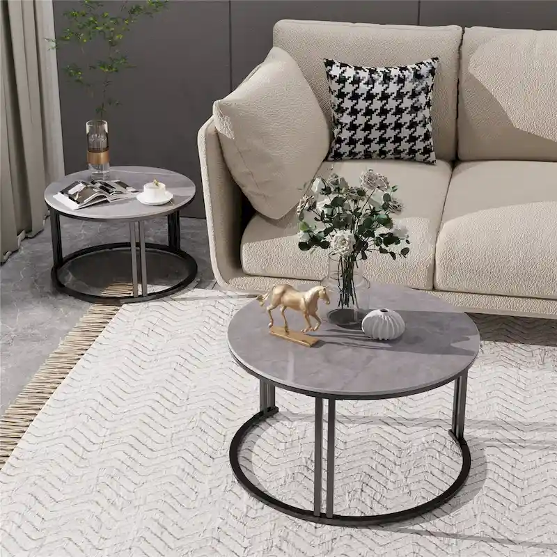 2 Pack Round Nested Coffee Table Sintered Stone-top Side Sofa Table
