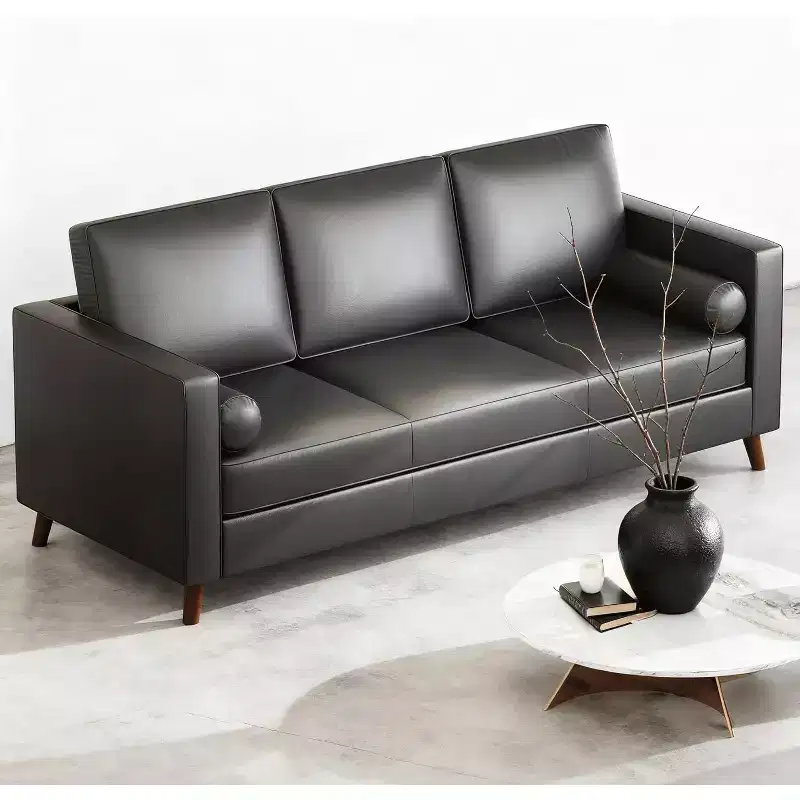 86 Leather Sofa, Mid-Century Modern Couch, Faux Leather Couch with Deep Seats, 3-Seat Sofa for Living Room, Office, Black