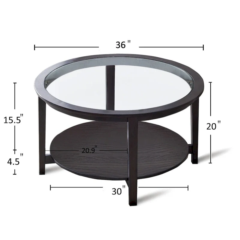 Black Round Glass Top Coffee Table with Storage Shelf, 2-Tier
