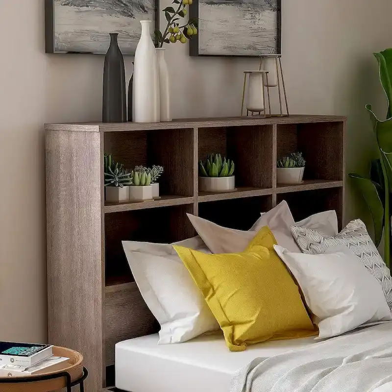 Transitional 6-Cubby Bookcase Headboard for Twin & Full Beds – Walnut or White Oak Finish