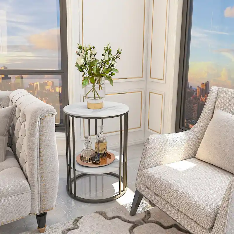 Cold Jadeite / Black / Gold 2-Tier Round Sintered Stone End Table – Single