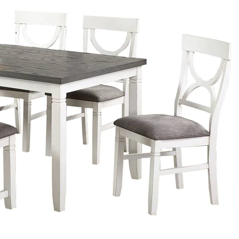 6 Piece Dining Set with Cut Out Back Chairs and Padded Bench, White and Gray