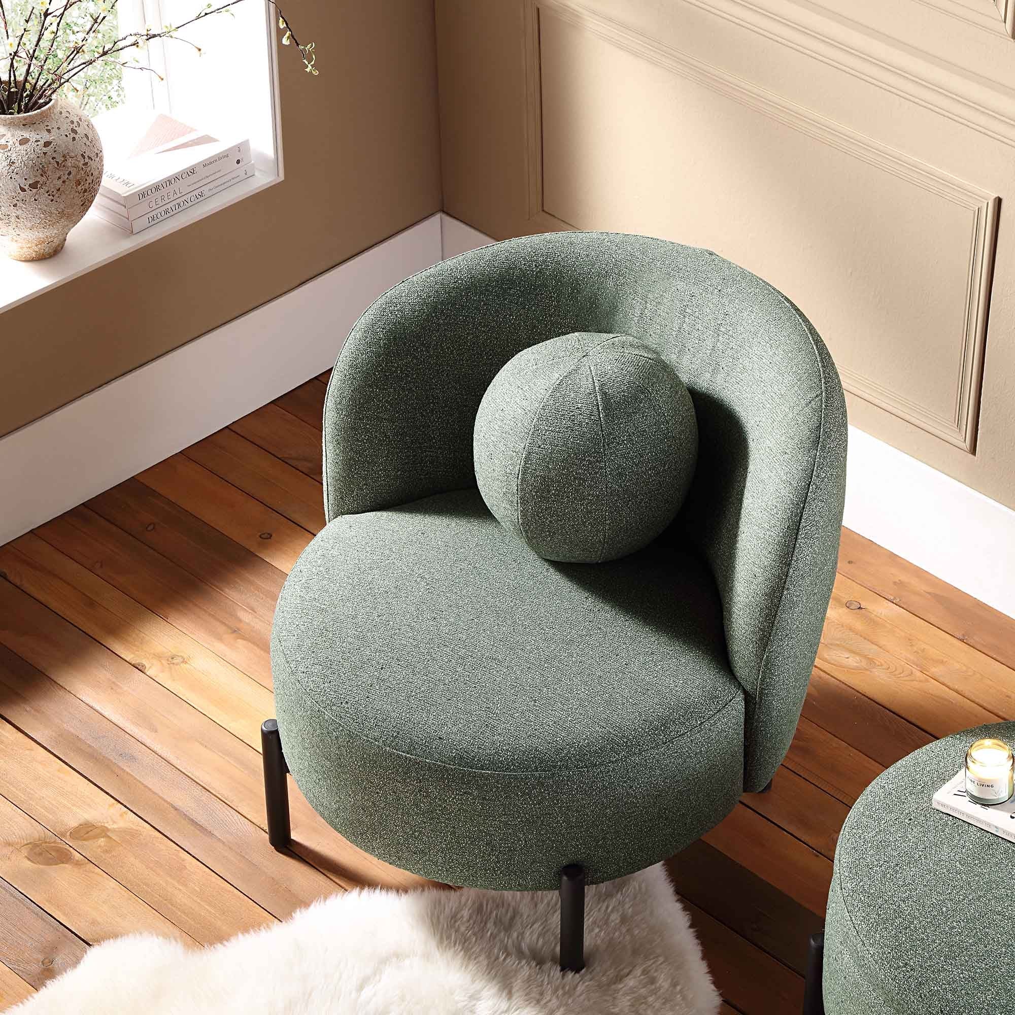 Armchair with Ball Cushion, Spruce Green Textured Fabric