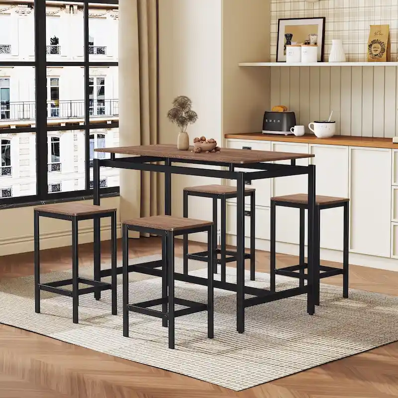 5-Piece Industrial Bar Table Set with Rectangular Table & 4 Chairs