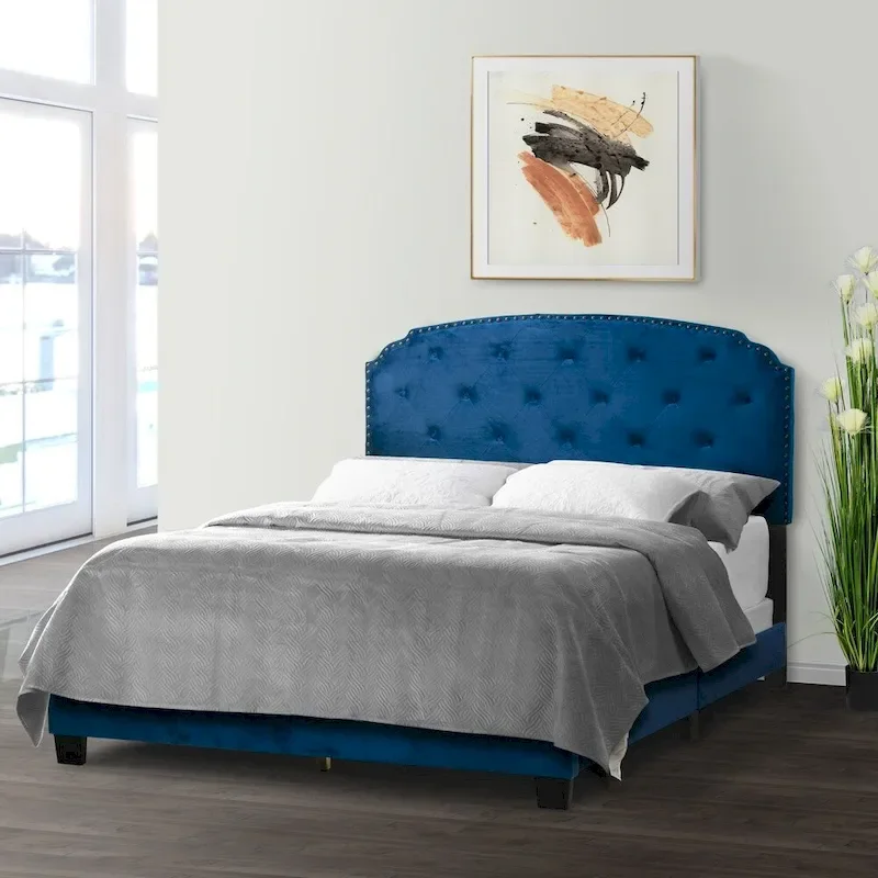 Navy Blue Velvet Queen Bed Button Tufting and Black Nail Head