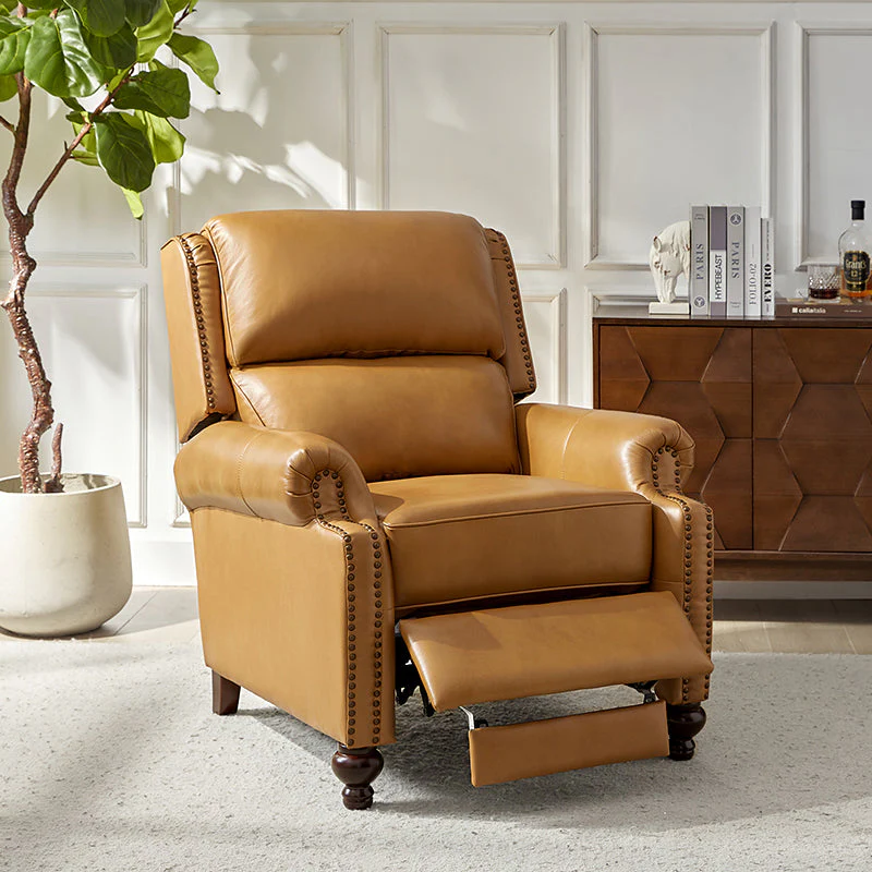 Genuine Leather Manual Push-Back Recliner with Roll Arms, Nailhead Trim, Sinuous Spring Seat & Turned Birch Wood Legs | Brown / Camel / Beige / Black / Navy / Green / Burgundy | Single Seat