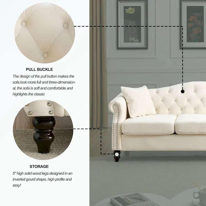 3 Seater Sofa Tufted Couch with Rolled Arms and Nailhead