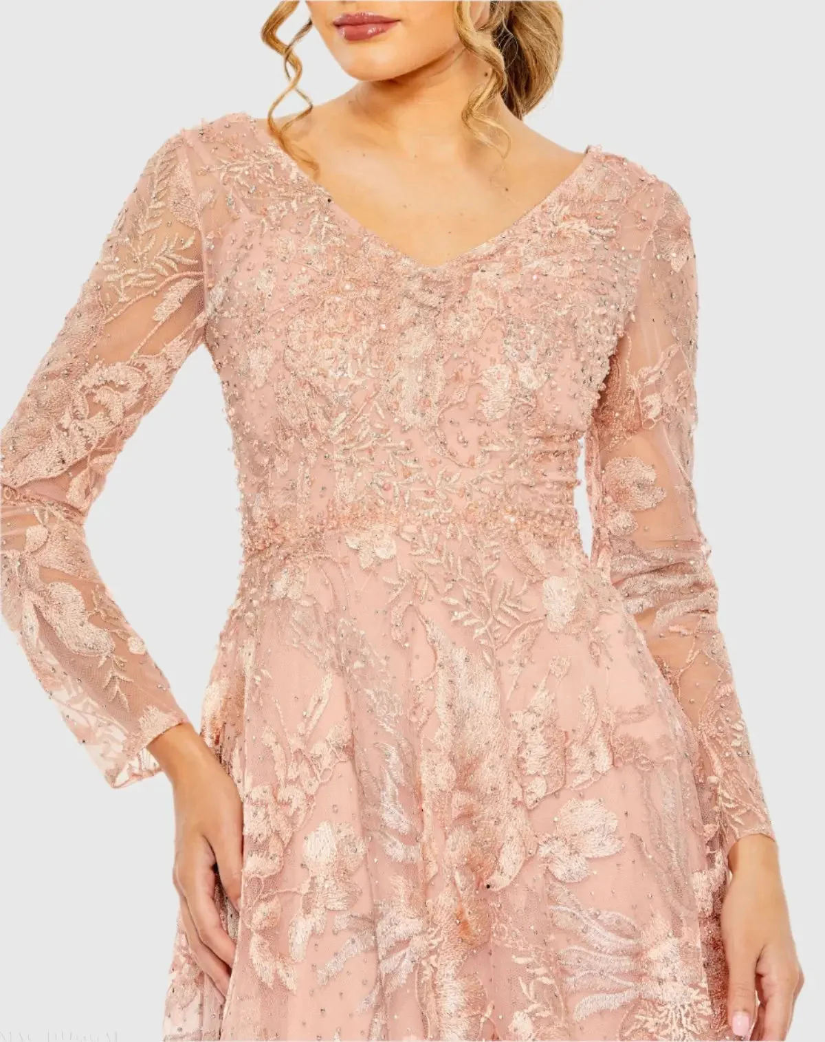 Pink Embellished Long Sleeve V Neck A Line Gown
