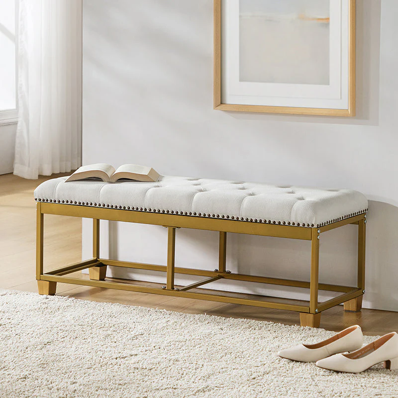 Tufted Storage Bench with Removable Fabric Cover & Nailhead Trim | White / Grey | Single