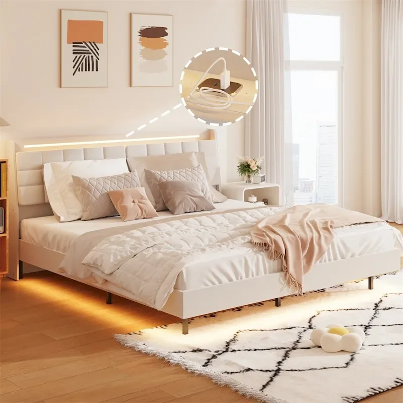Queen Size LED Upholstered Platform Bed w/ Headboard& Charging Station