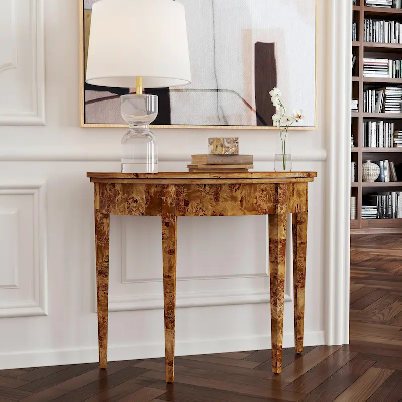 Traditional Burl / Light Burl Demilune Console Table with Burl Veneer Top & Carved Tapered Legs