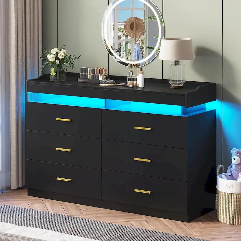 6 Drawer Dresser 2 Pull-Out Tray LED Light Chest of Drawers