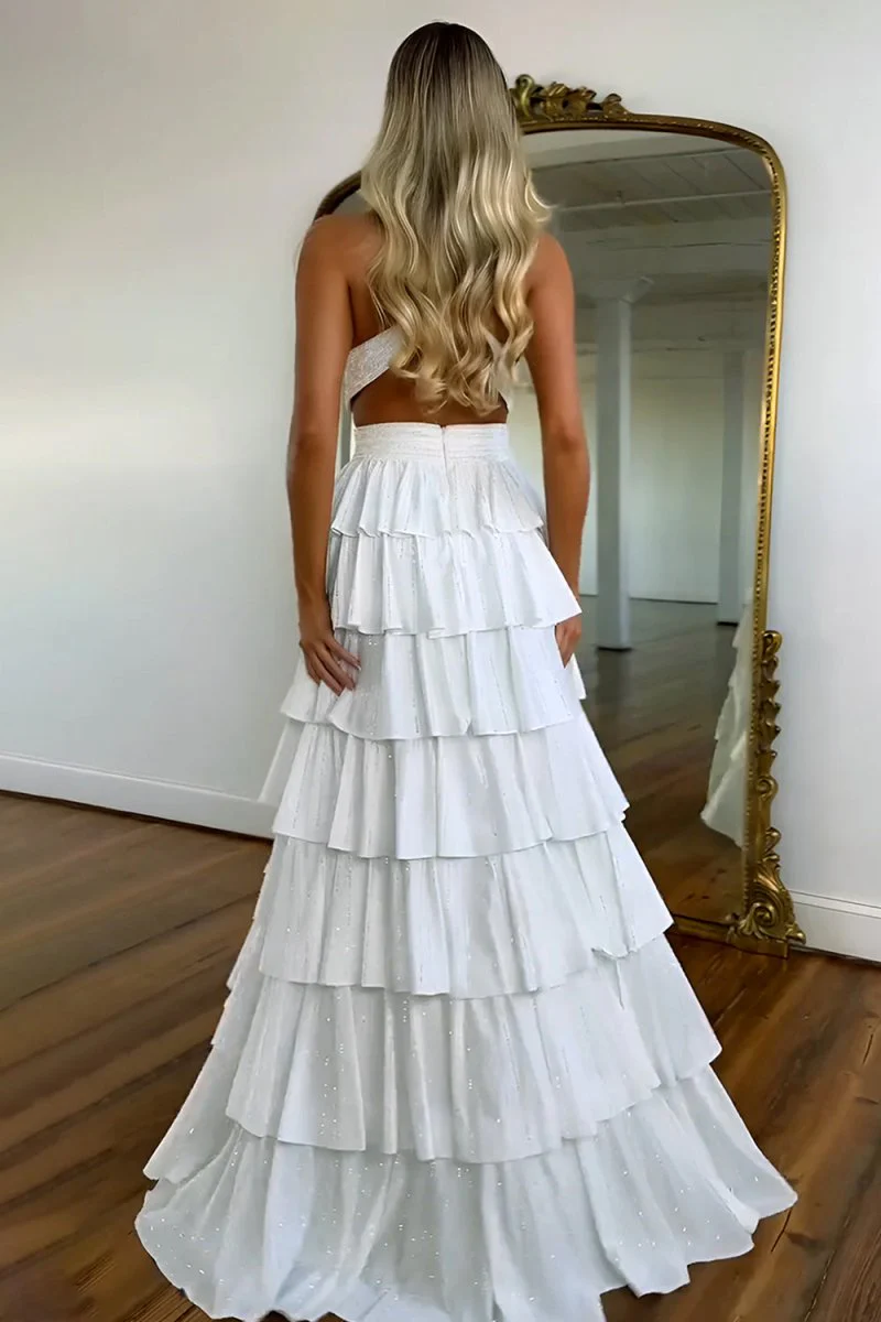White - A-Line V Neck Satin Beaded Long Prom Dresses With Ruffles