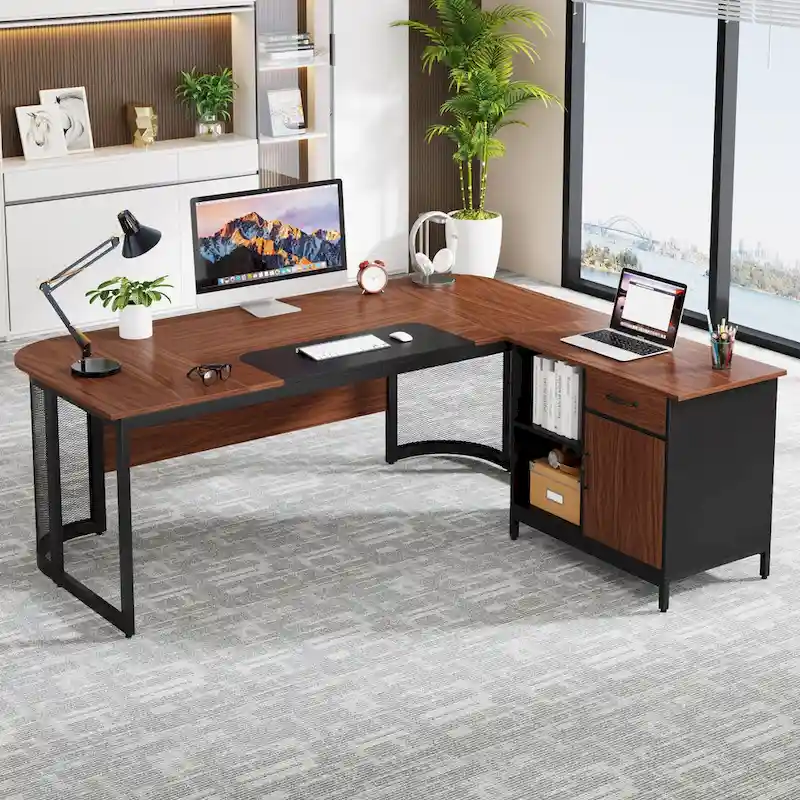 Large 63  L-Shaped Executive Office Desk with 31 File Cabinet