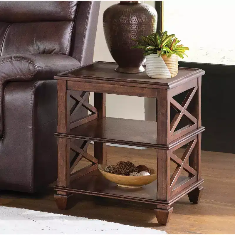 21" Bridgton Square Wood End Table with 2 Shelves Cherry - Alaterre Furniture: Mid-Century Style, Pine Material