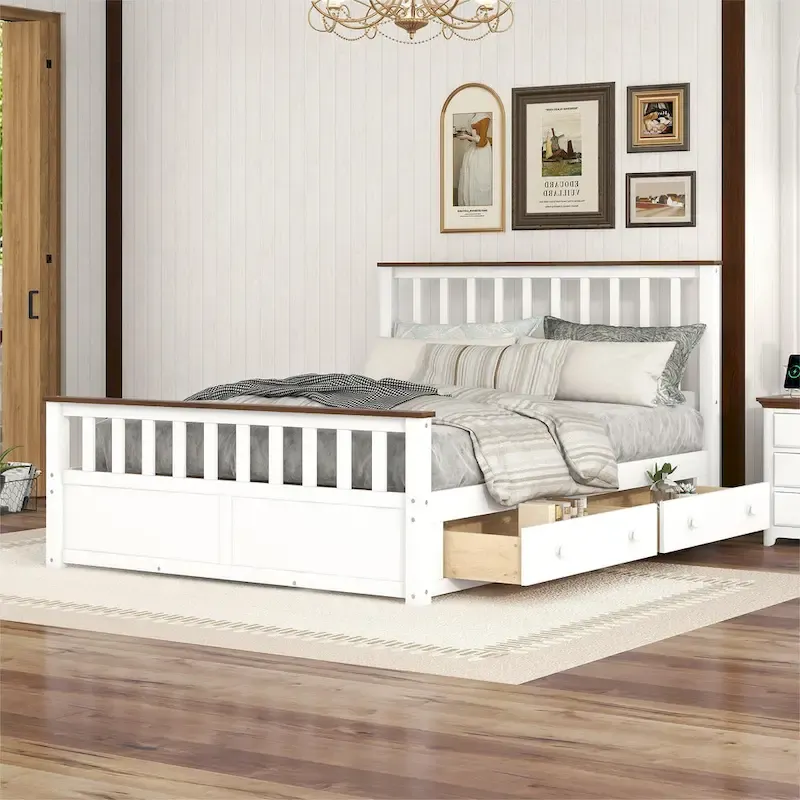 White & Walnut Queen Wood Platform Bed with 2 Drawers – Sleeps 2