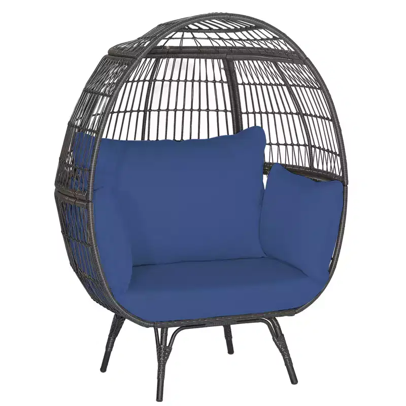 Gymax Extra-Large Rattan Wicker Egg-Shaped Lounge Chair with Four Cushions for Indoor and Outdoor Use Navy/Off White