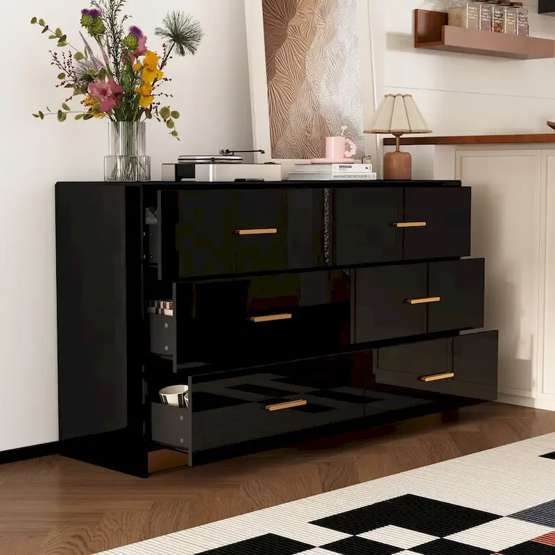 6-Drawer Double Dresser, High-Gloss Finish, Gold Handles & Base, Metal Drawer Slides, Anti-Tip Device, Black, 1-Person Use