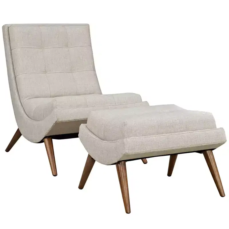 Modway 2pc Ramp Upholstered Fabric Lounge Chair Set Sand: Polyester, Wood Frame, Spot Clean, Includes Ottoman