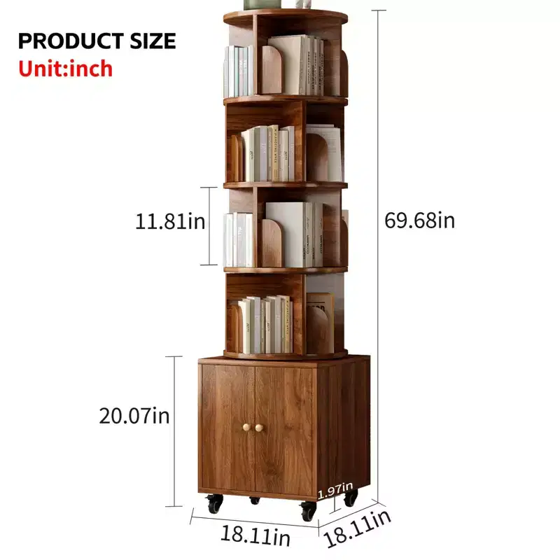 Rotating Bookshelf, 360 Degree Display 5 Tier Corner Bookshelf with Drawer for Small Space, Floor Standing Bookcase Storage Rack Wood Narrow Organizer