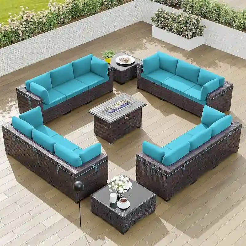 Kullavik 15PCS Outdoor Patio Furniture Set with Fire Pit Table & Glass Top Coffee Table